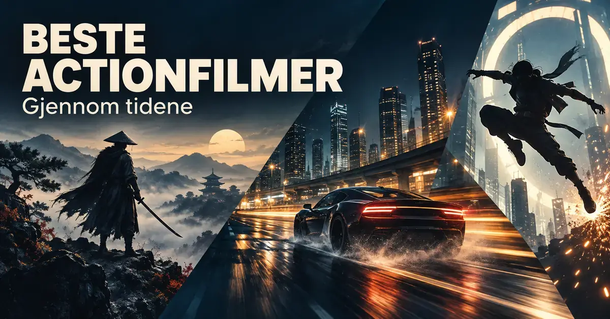 Filmatisk illustrasjon med en samurai, en sportsbil i en nattlig storby og en kampsportutøver i luften, med teksten «Beste actionfilmer – Gjennom tidene».