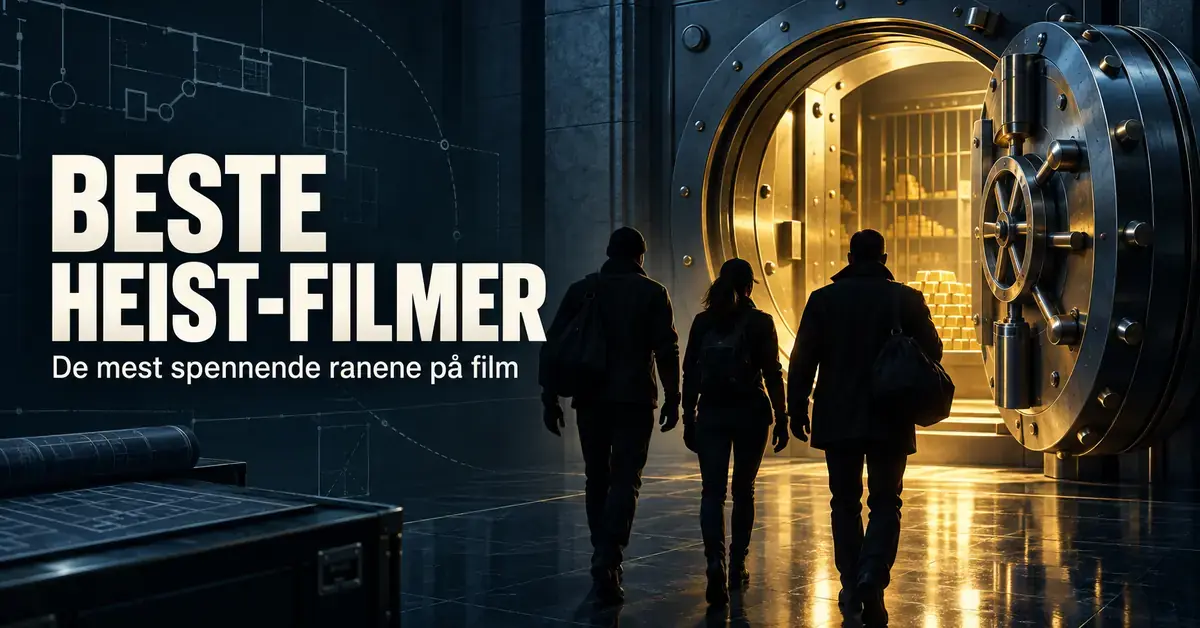 Tre mørke skikkelser nærmer seg et åpent bankhvelv med gullbarrer ved siden av teksten «Beste heist-filmer – De mest spennende ranene på film».