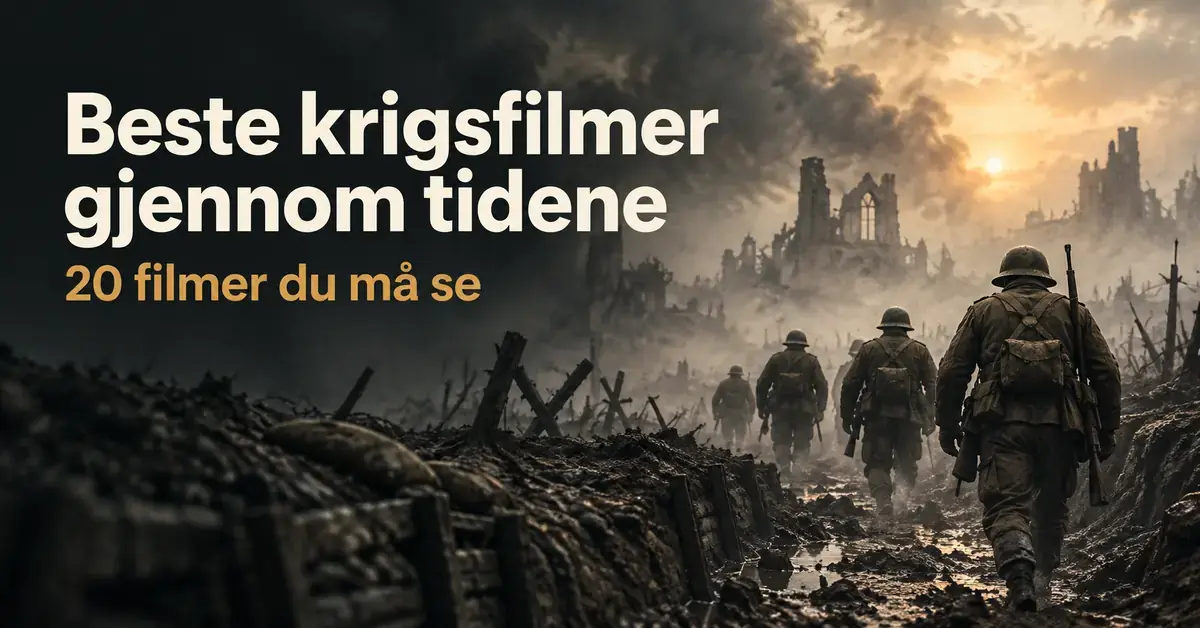 Illustrasjon av soldater som går gjennom et krigsherjet landskap med ruiner og røyk, med teksten «Beste krigsfilmer gjennom tidene – 20 filmer du må se».