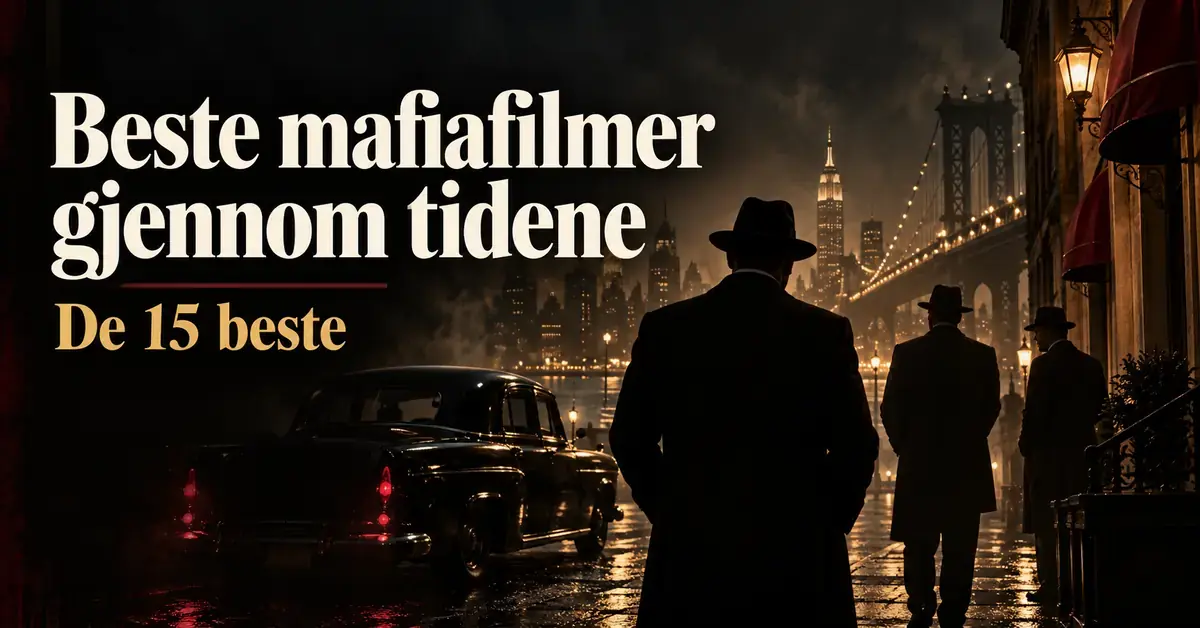 Stemningsfull illustrasjon av tre menn i mørke frakker og hatter ved en veteranbil i en nattlig storby, med teksten «Beste mafiafilmer gjennom tidene – De 15 beste».