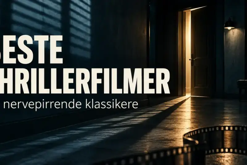 En mørk korridor med lys fra en dør på gløtt og en filmstripe illustrerer teksten «Beste thrillerfilmer – 20 nervepirrende klassikere».